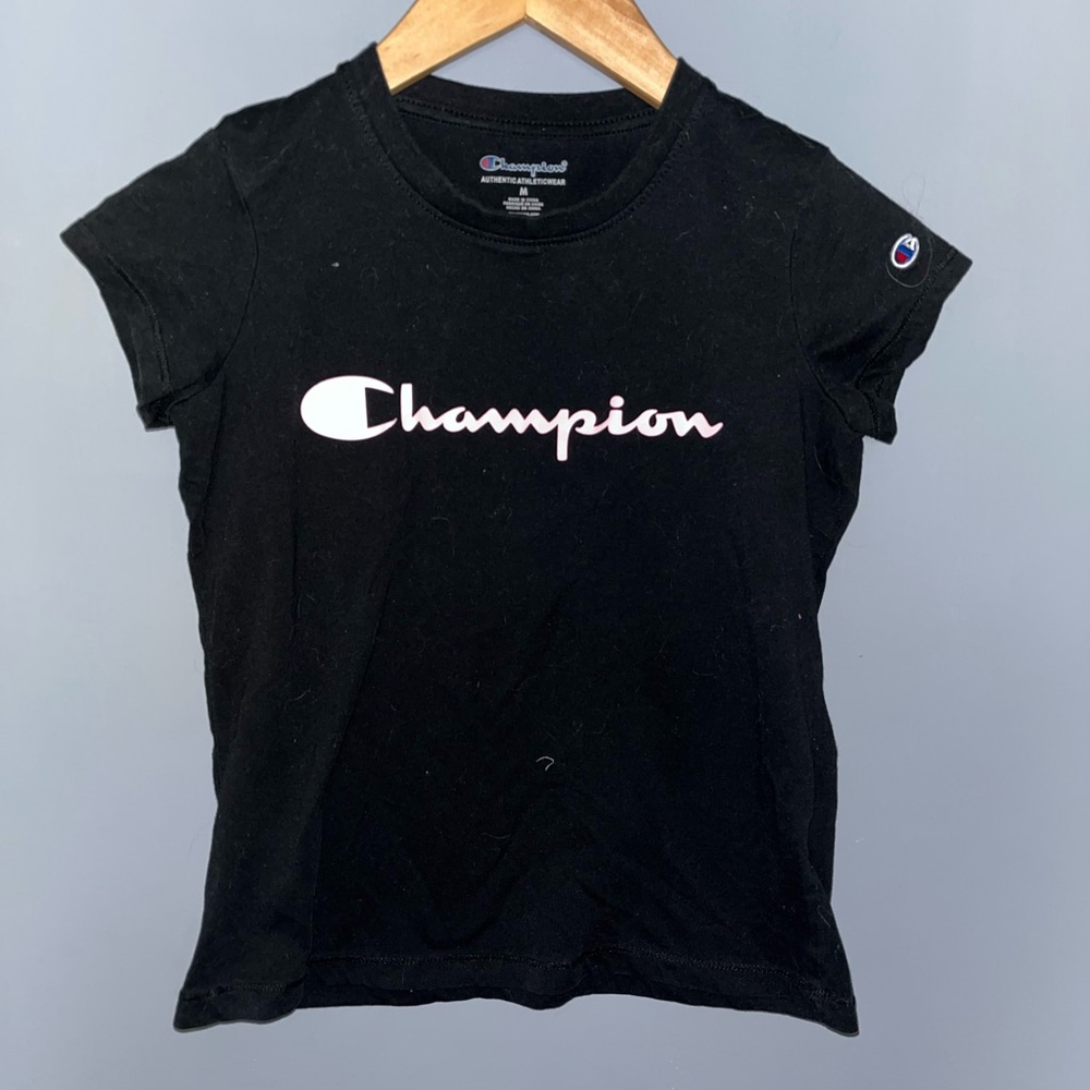 Champion Girls Black Graphic T-Shirt Pink Script Logo Short Sleeve Size Medium